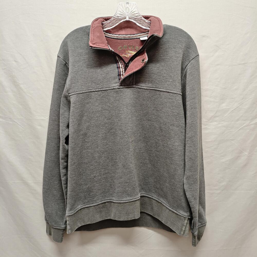 Orvis Sweatshirt Mens Medium Gray Quarter Zip Pullover Mock Neck Fly Logo